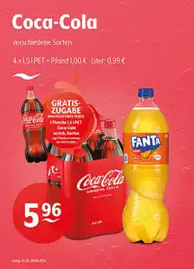 Coca-Cola verschiedene SortenGratiszugabe beim Kauf eines Trays: 1 Flasche 1,5 l PET Coca-Cola, verschiedene Sorten, zzgl. Pfand, nur solange der Vorrat reicht