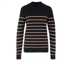 Strickpullover mit Stehkragen, schwarz mit hellbraunen Streifen