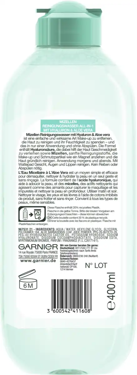 Bild 2 von Garnier SkinActive Mizellen Reinigungswasser All-in-1 Hyaluron & Aloe Vera, 400 ml