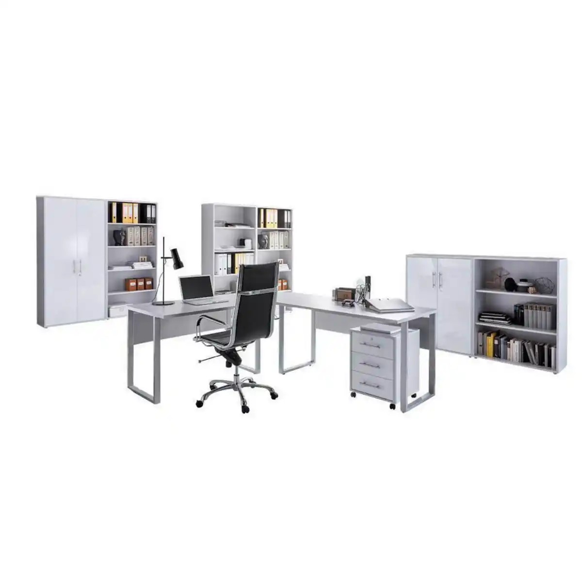 Bild 1 von Mid.you Büro, Grau, Weiß Hochglanz, Metall, Holzwerkstoff, 6,14 Fächer, 3 Schubladen, Made in Germany, erweiterbar, abschließbar, Arbeitszimmer, Büromöbelsets & -serien, Büromöbel-Sets
