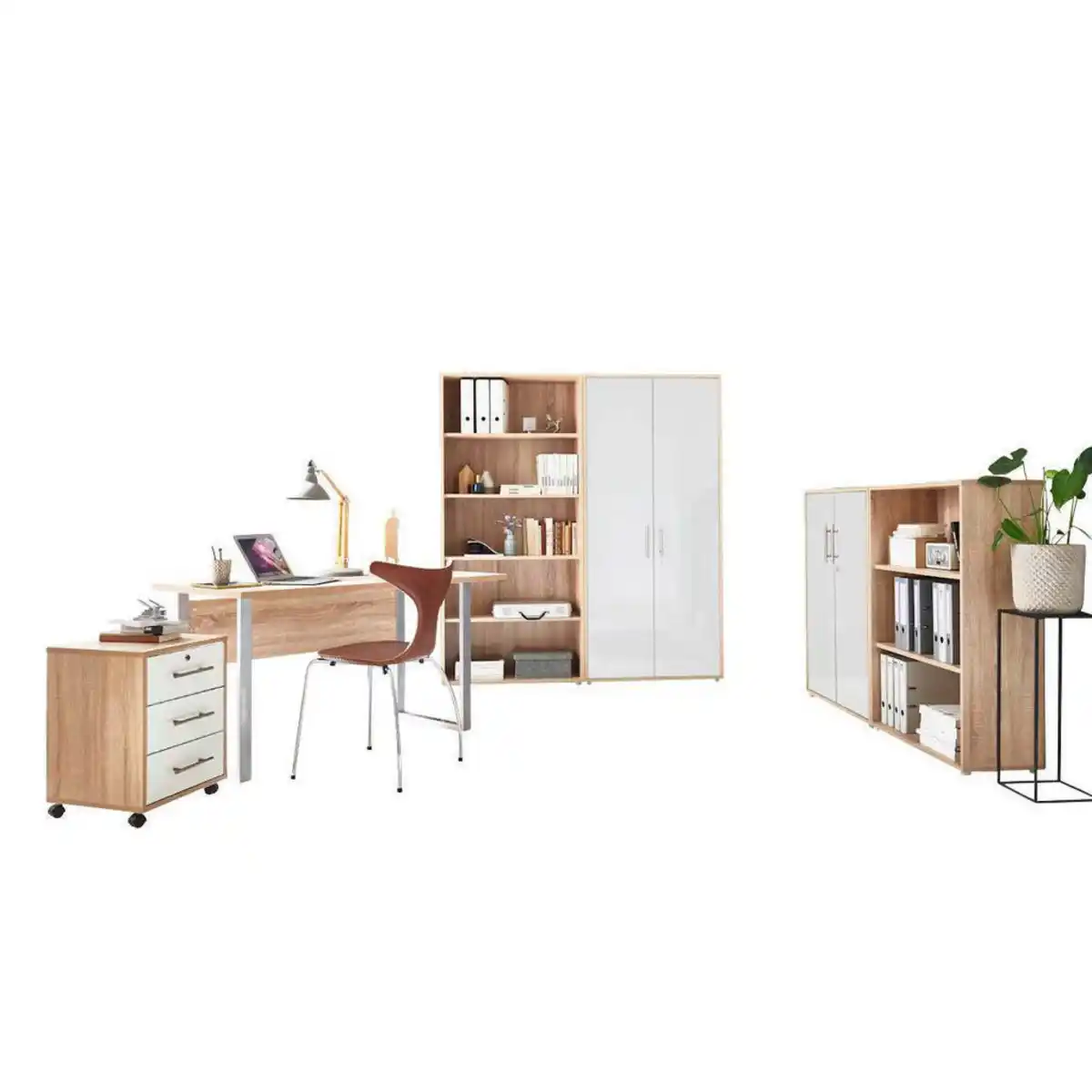 Bild 1 von Mid.you Büro, Sonoma Eiche, Weiß Hochglanz, Metall, Holzwerkstoff, 6,6 Fächer, 3 Schubladen, Made in Germany, erweiterbar, abschließbar, Arbeitszimmer, Büromöbelsets & -serien, Büromöbel-Sets