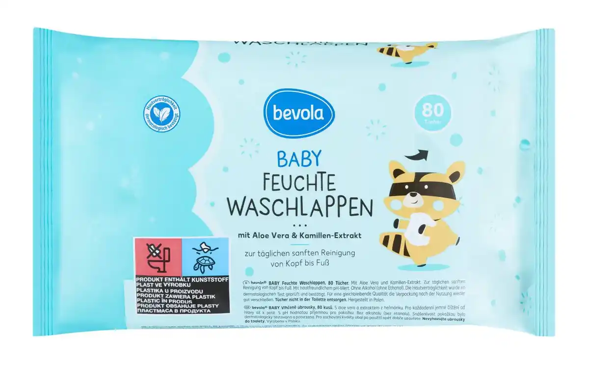 Bild 1 von BEVOLA® BABY Feuchte Waschlappen, 80-St.-Packg.