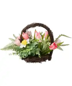 Kunstgesteck im Weidenkorb, pink