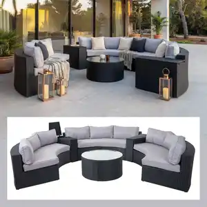Luxus Poly-Rattan-Garnitur Lier, Sitzgruppe Lounge-Set, XXL Sofa rund, anthrazit Kissen grau