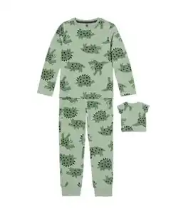 Kinder-Pyjama mit Puppen-Pyjama Dino dunkelgrün