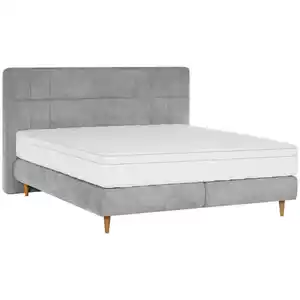 Welnova Boxspringbett, Grau, Textil, Eiche, massiv, H3, 7-Zonen, 140x200 cm, gepolstertes Kopfteil, in verschiedenen Größen erhältlich, Matratze durchgehend, Härtegradauswahl, Schlafzimmer, Bette