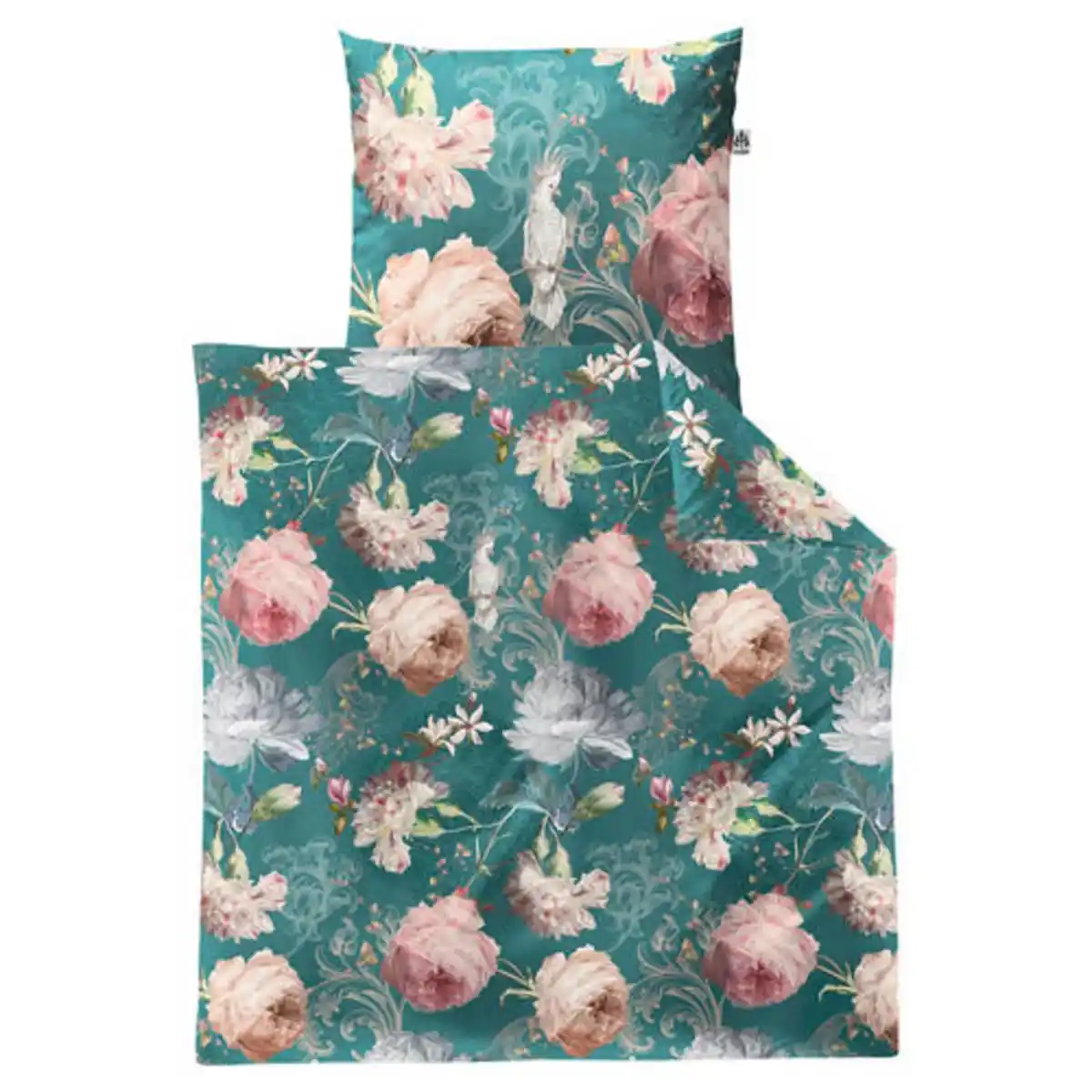 Bild 1 von Feinperkal-Bettwäsche, Grüne Blumen, 135 x 200 + 80 x 80 cm