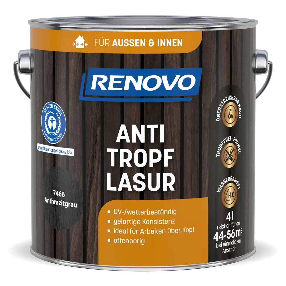 Bild 1 von RENOVO Holzanstrich »7466«, Tropffrei-Formel, 4,0L, anthrazitgrau