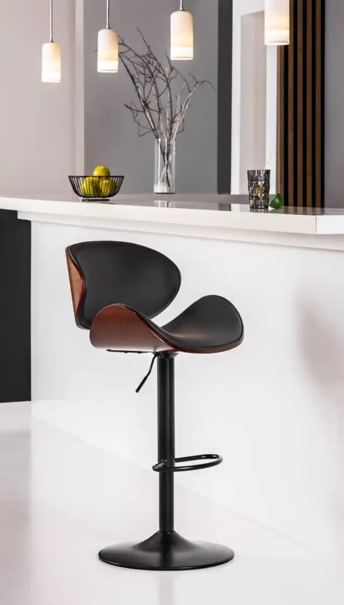 Bild 2 von Barhocker mit Walnussholz-Rückenlehne, verstellbarer Sitzhöhe, ca. 53 x 44 cm – Schwarz