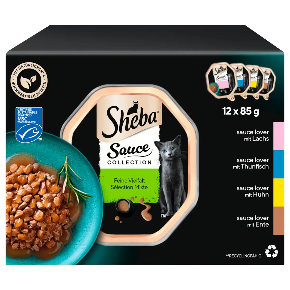 Bild 1 von Sheba Sauce Collection Feine Vielfalt mit Lachs, Thunfisch, Huhn und Ente 12x85g