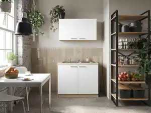 Miniküche Merle B: ca. 100cm Weiß/Eichefarben, Weiß, Eichefarben