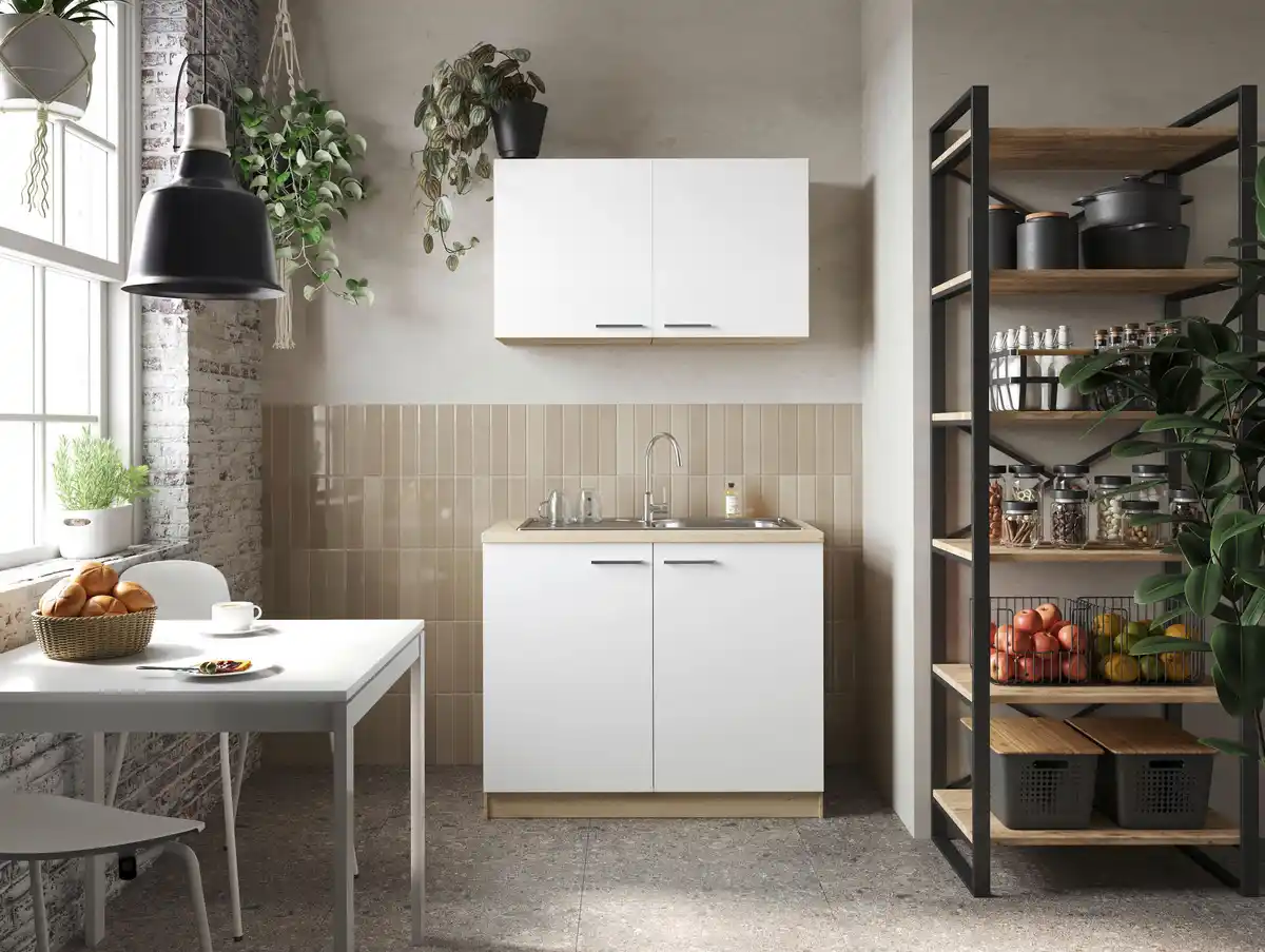 Bild 1 von Miniküche Merle B: ca. 100cm Weiß/Eichefarben, Weiß, Eichefarben