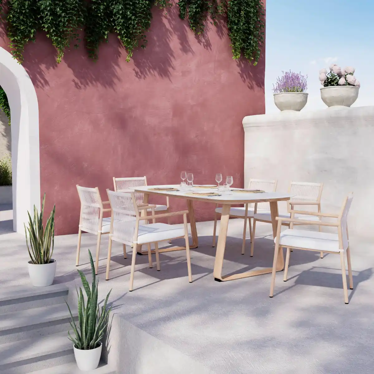 Bild 1 von Gartentischgruppe Enzi Naturfarben/Beige 7-teilig, Naturfarben, Beige