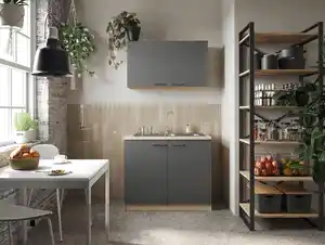 Miniküchen Merle B: ca. 100cm Grau/Eichefarben, Grau, Eichefarben