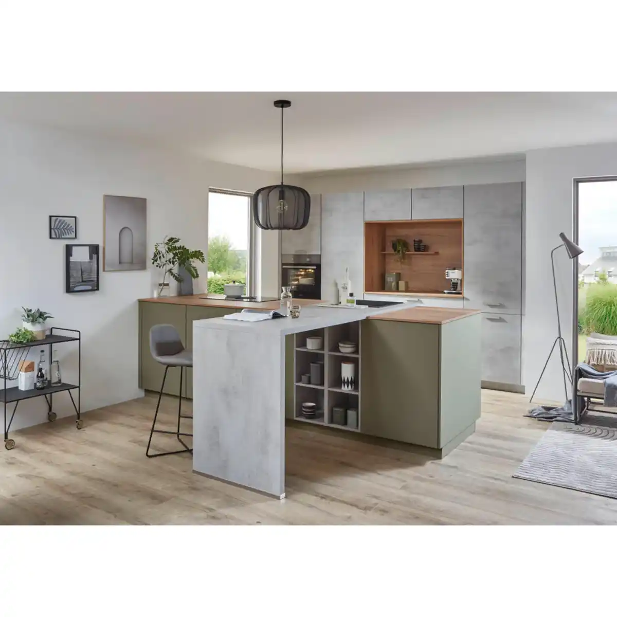 Bild 1 von Nobilia Einbauküche 357/371, Grau, Eiche, Olivgrün, Metall, 1 Schublade(n),6 Schublade(n) Schubladen, nur wie online abgebildet bestellbar, 310 cm, Made in Germany, Anti-Fingerprint, Einbauküchen