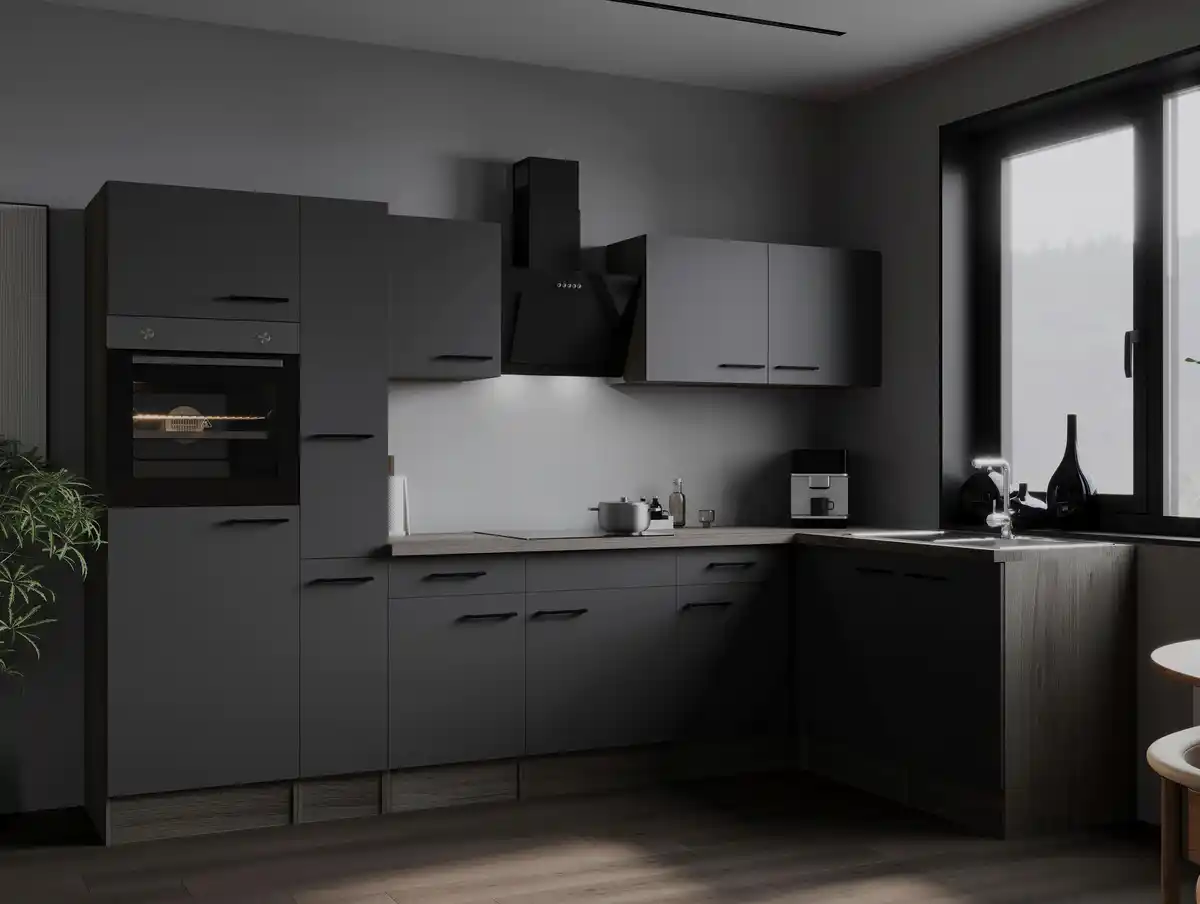 Bild 1 von Eckküche Oliver m. Geräten ca. 310x172cm Schwarz/Eiche, Schwarz, Eichefarben