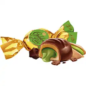 Toffikonfekt "Golden Lily" mit einer Füllung mit Pistazienge...