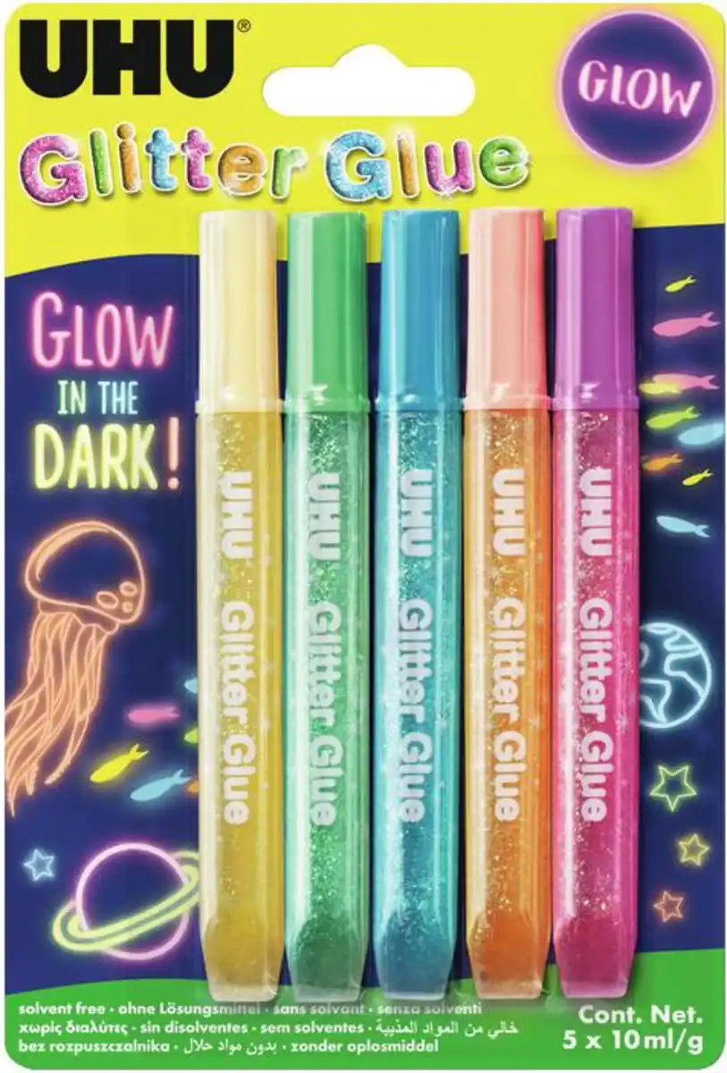 Bild 1 von UHU Glitter Glue-Klebstoffe »Glow in the Dark«, 5 x 10-ml-Packg.