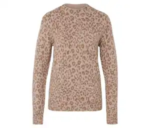 Strickpullover mit Stehkragen, beige meliert mit hellbraunem Leo-Alloverprint