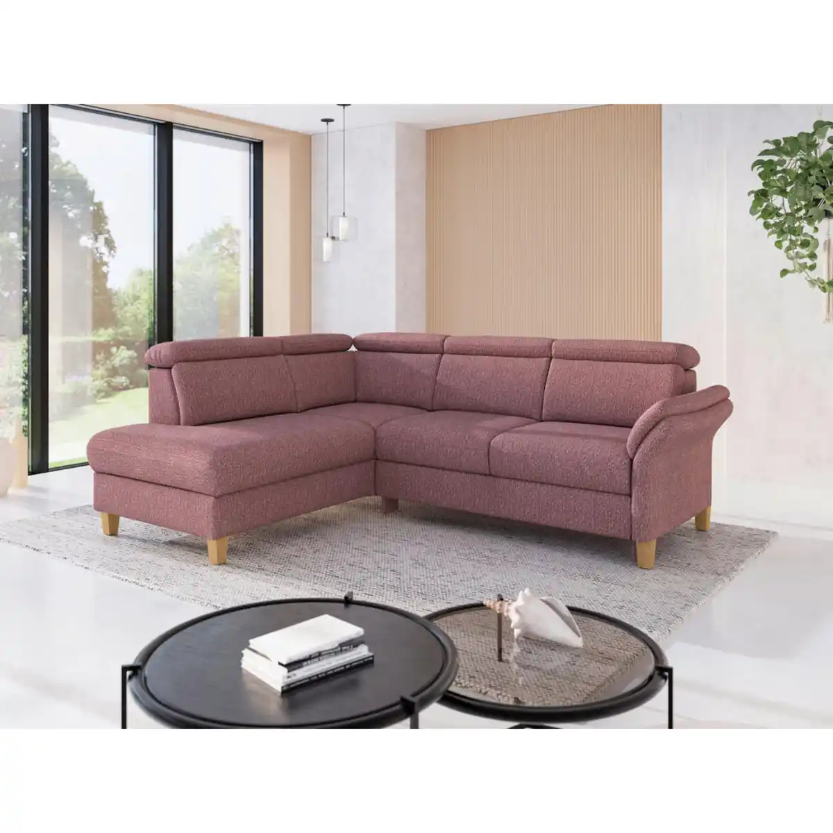 Bild 1 von Sit & More Ecksofa Glendale E, Aubergine, Textil, Eiche, massiv, 5,5-Sitzer, Ottomane links, L-Form, 247x193 cm, Goldenes M, Oeko-Tex® Standard 100, Made in Europe, DGM-Klimapakt, Rücken echt, Armt