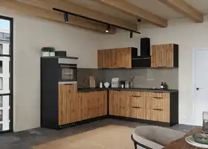 Eckküche Liverpool m. Geräten ca. 240x240cm Eiche, Graphitfarben, Eiche Wotan