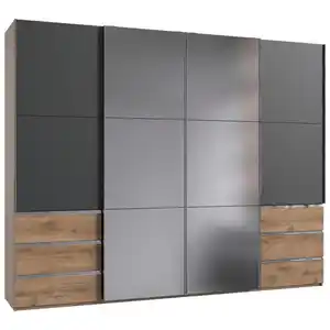 Mid.you Schwebetürenschrank, Graphit, Plankeneiche, Metall, 6 Fächer, 6 Schublade(n) Schubladen, 300x236x65 cm, BQ - Bündnis für Qualität, Made in Germany, DIN EN ISO 9001, umfangreiches Zubehö
