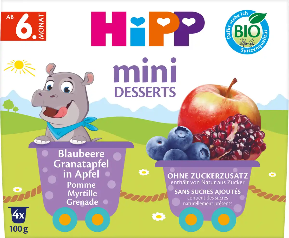 Bild 1 von HiPP Früchte Mini Desserts Blaubeere, Granatapfel in Apfel ab dem 6. Monat (4x100 g), 400 g
