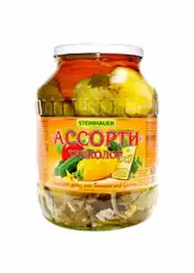Eingelegte gelbe und rote Tomaten und Gurken "Assorti Trikol...