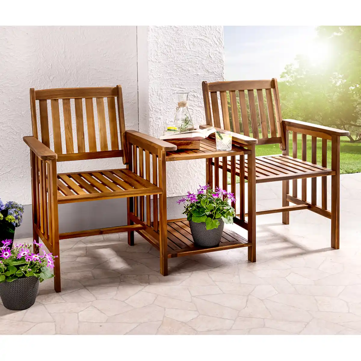 Bild 2 von 2-Sitzer-Gartenbank mit Beistelltisch klappbar aus Akazienholz, ca. 163 x 63 x 91 cm - Braun