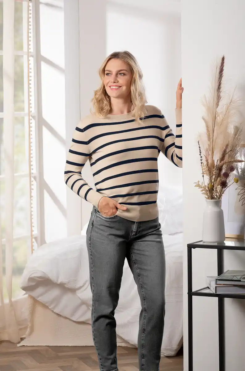 Bild 3 von IDEENWELT Strickshirt Streifen off-white/dunkelblau Gr. M