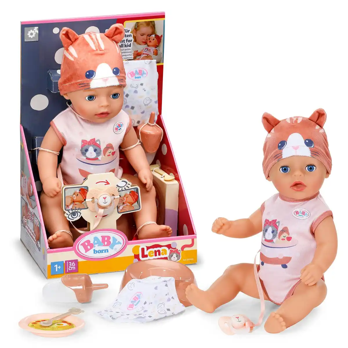 Bild 1 von BABY born Lena 36cm in Strampler mit Katzenmotiv mit 7 Funktionen ab 1 Jahr, 1 Stk