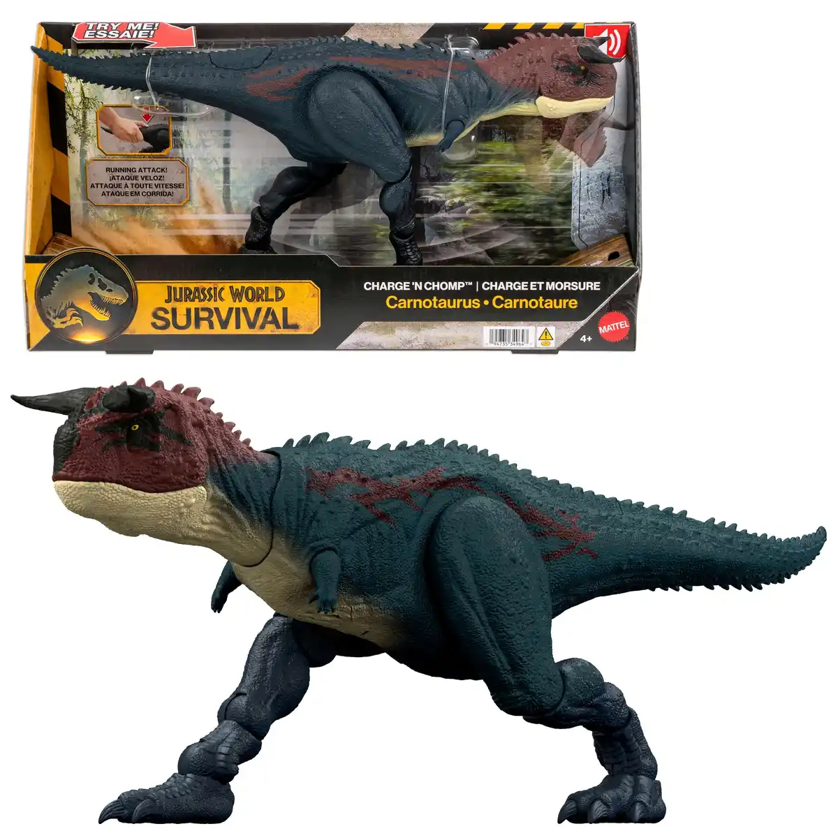 Bild 1 von Jurassic World Charge N Chomp Carnotaurus Dinosaurier-Actionfigur mit Lauf- und Brüllaction, digitaler Spielspaß, 1 Stk