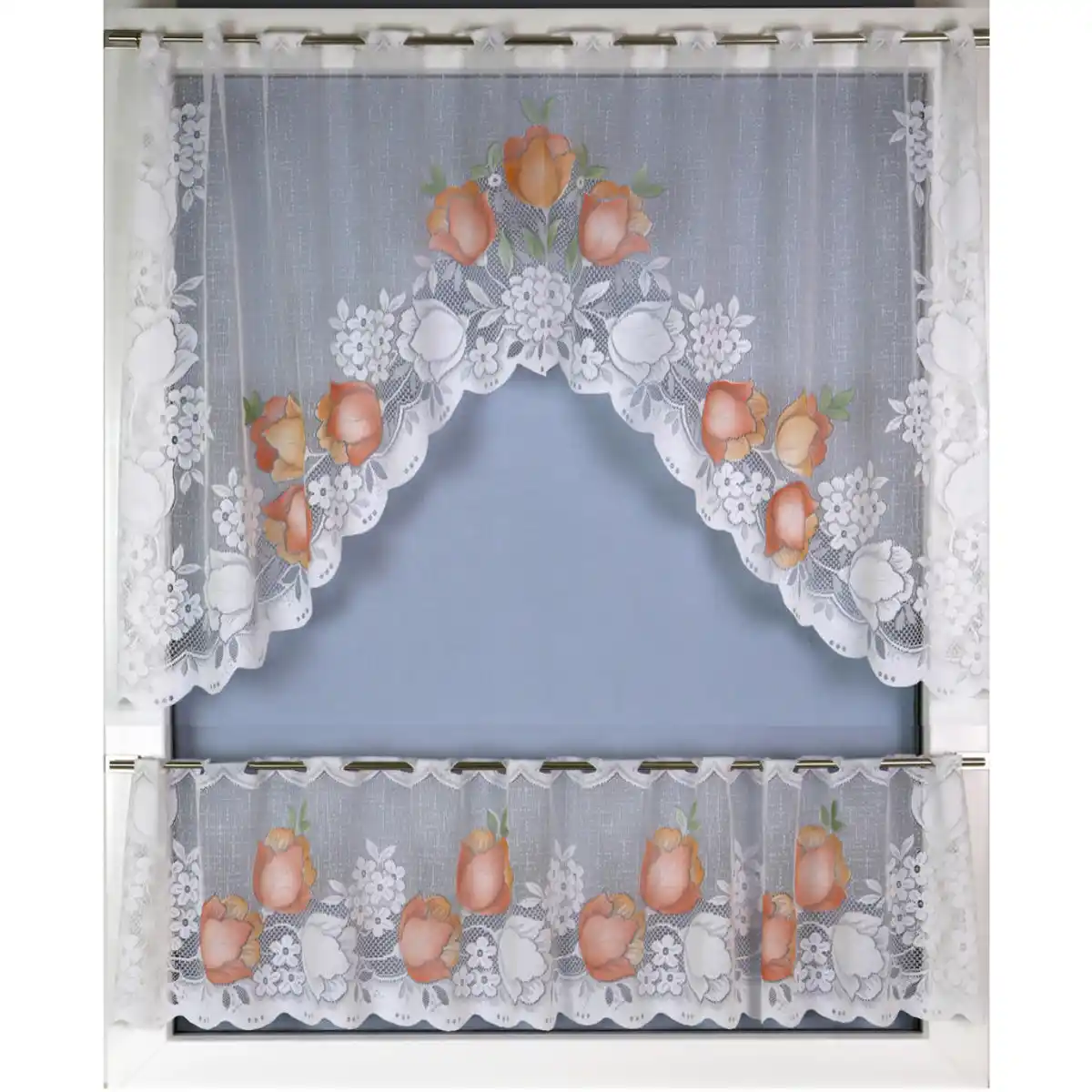 Bild 1 von Kurzgardinenset Bistro Gardinen SET Handcoloriert, Weiß, Terracotta, Textil, Blume, 150x105 cm, Oeko-Tex® Standard 100, ohne Technik, Wohntextilien, Gardinen & Vorhänge, Fertiggardinen, Scheibenga