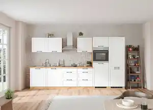 Küchenzeile Meran mit Geräten ca. 360 cm Weiß/Eiche Dekor, Weiß, Eiche Wotan