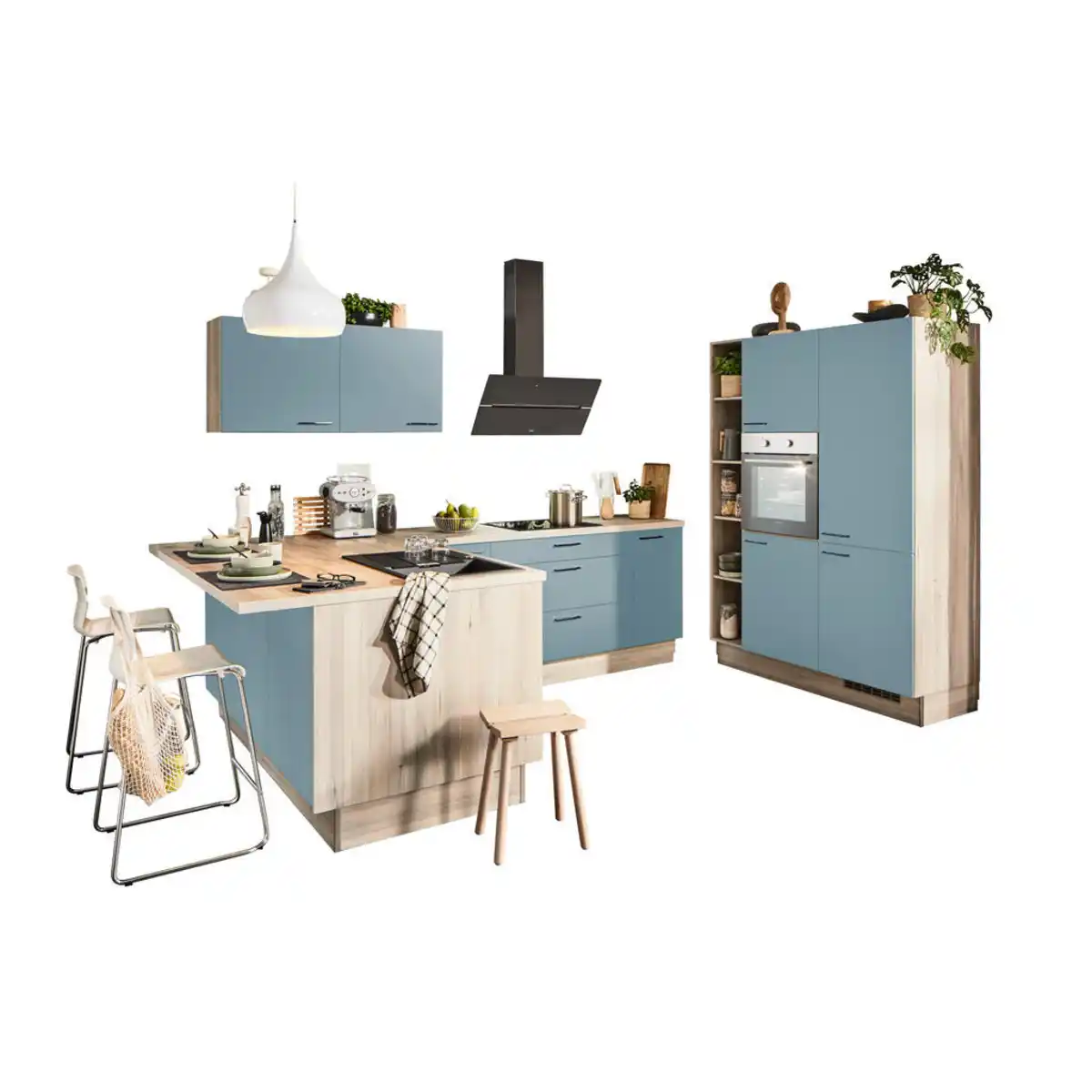 Bild 1 von Xora Eckküche XO 15, Pastellblau, Tannenholz, Metall, 1 Schublade(n),3 Schublade(n) Schubladen, U-Form, nur wie online abgebildet bestellbar, 280x150 cm, in den Filialen individuell planbar, seitenv