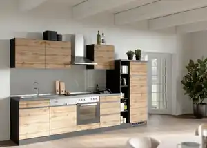 Küchenzeile Turin mit Geräten ca. 330 cm Graphit/Eiche, Graphitfarben, Eiche Wotan