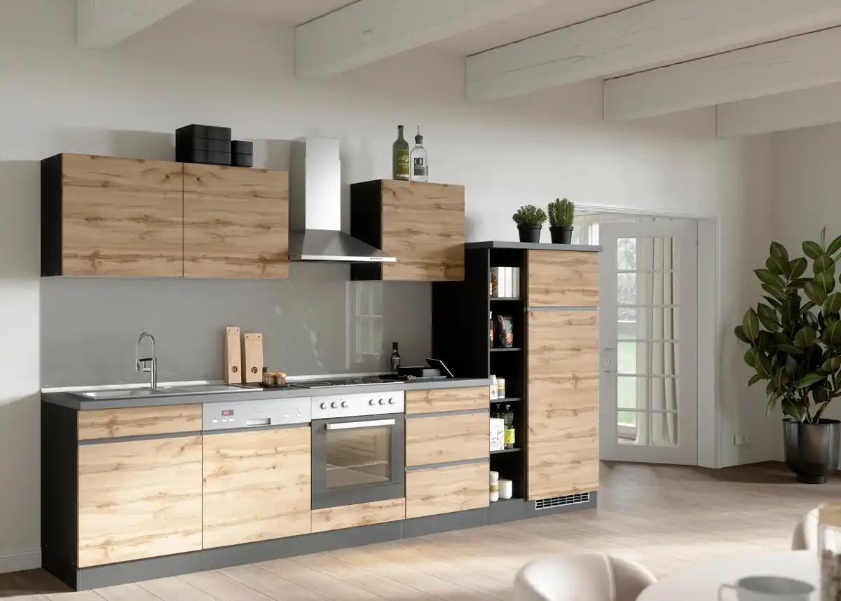 Bild 1 von Küchenzeile Turin mit Geräten ca. 330 cm Graphit/Eiche, Graphitfarben, Eiche Wotan