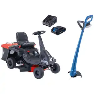 Scheppach Benzin-Aufsitzrasenmäher MR200-61 LT und Akku-Rasentrimmer im Set