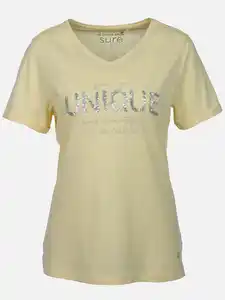 Damen Shirt mit Print und Pailletten Gelb