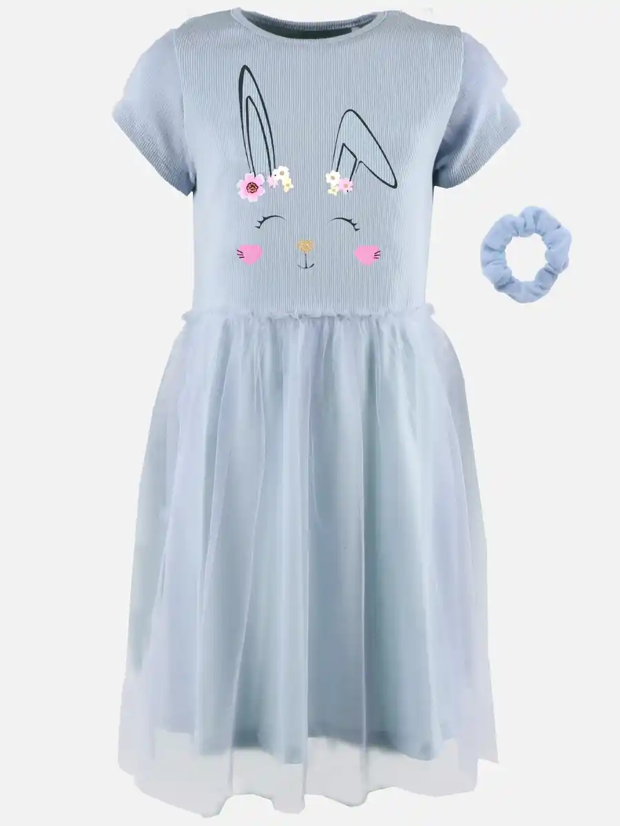 Bild 1 von Mädchen Kleid mit Hasenprint und Chiffonüberrock Blau