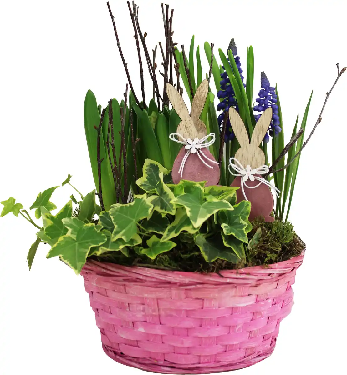 Bild 1 von Osterarrangement Frühlingskorb Hyazinthe, Muscari & Hedera im Bambuskorb