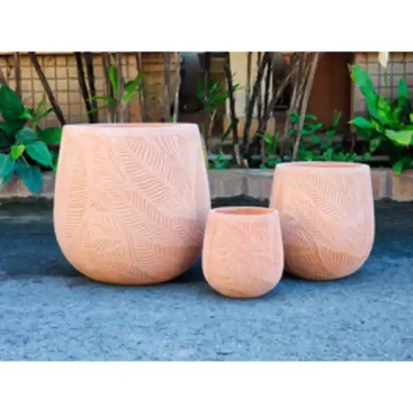 Bild 2 von Pflanzgefäß, White Washed Terracotta mit Blattmuster, HxØ: 26 x 27 cm