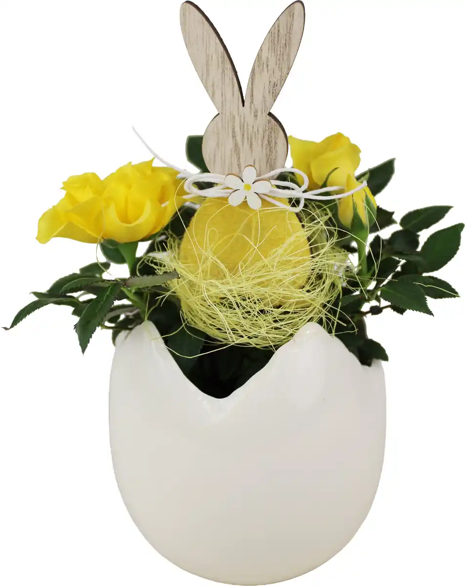 Bild 1 von Osterarrangement Rose im Porzellanei mit Hasendeko