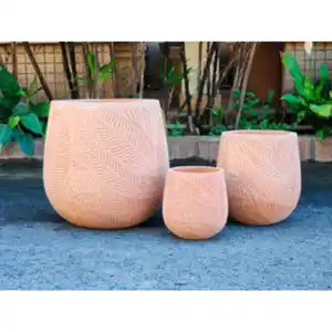 Pflanzgefäß, White Washed Terracotta mit Blattmuster, HxØ: 18 x 19 cm