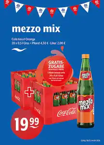 mezzo mix Cola küsst Orange Gratiszugabe beim Kauf von 1 Kiste: 1 Kiste mezzo mix 20 x 0,5 l Glas zzgl. Pfand, nur solange der Vorrat reicht