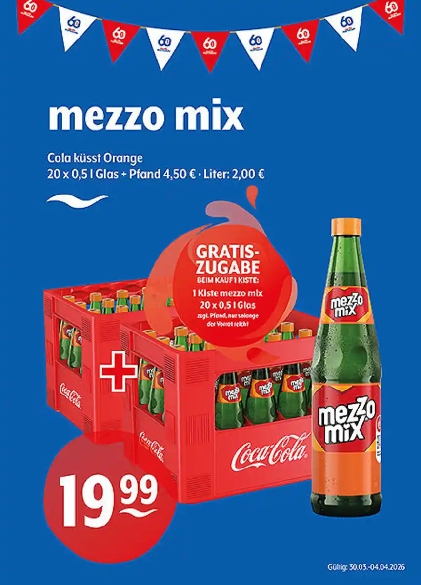 Bild 1 von mezzo mix Cola küsst Orange Gratiszugabe beim Kauf von 1 Kiste: 1 Kiste mezzo mix 20 x 0,5 l Glas zzgl. Pfand, nur solange der Vorrat reicht
