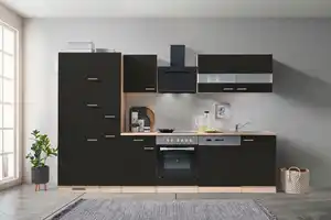 Küchenblock ECONOMY m. Geräten ca. 310 cm Schwarz/Eiche, Schwarz, Eichefarben