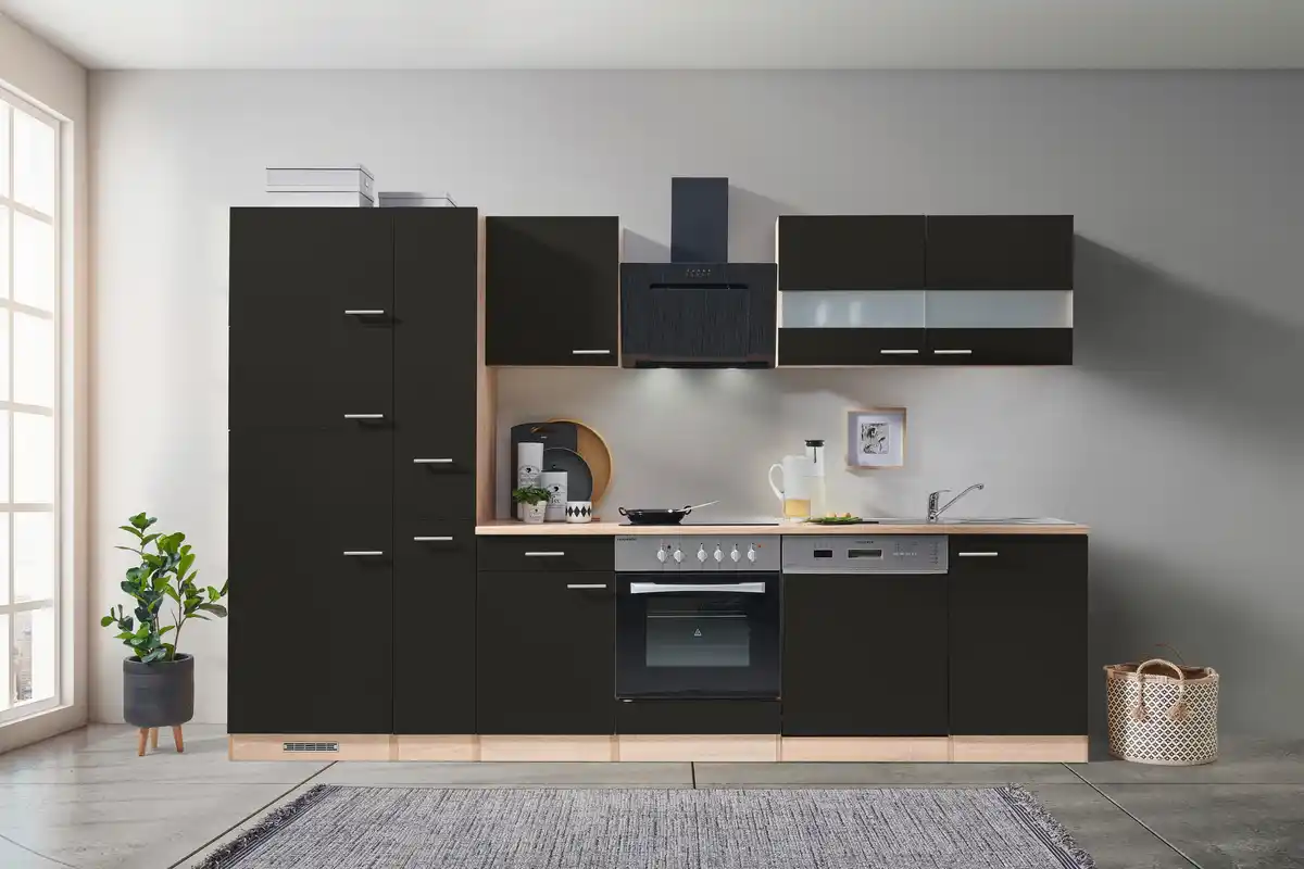 Bild 1 von Küchenblock ECONOMY m. Geräten ca. 310 cm Schwarz/Eiche, Schwarz, Eichefarben