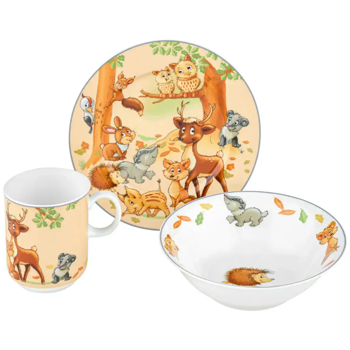 Bild 1 von Ritzenhoff Breker Kindergeschirrset Waldtiere, Mehrfarbig, Keramik, 3-teilig, 20x11x20 cm, lebensmittelecht, Füttern, Kindergeschirr