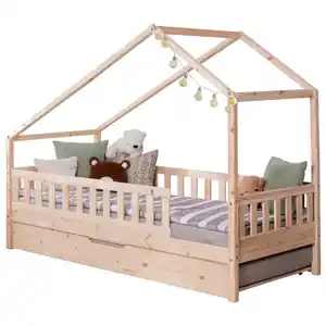 Mid.you Hausbett, Natur, Textil, Birke,Kiefer, Schichtholz,massiv, H2, Höhe ca. 16 cm, seitenverkehrt montierbar, 120x200 cm, transformierbar, nur für Rollroste geeignet, bodentiefer Einstieg, Kind